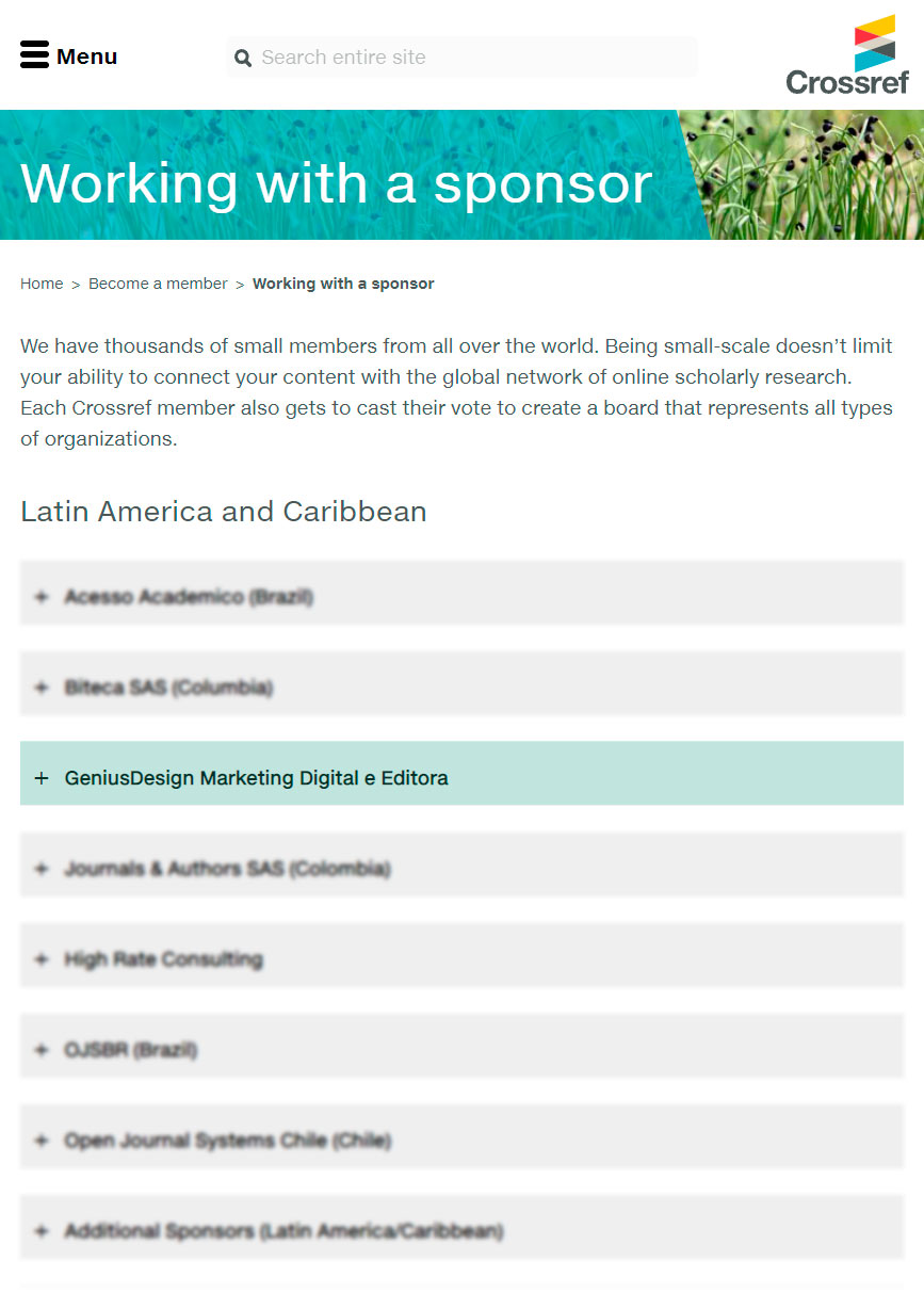 Lista de empresas patrocinadoras (sponsor members) na página da CrossRef.