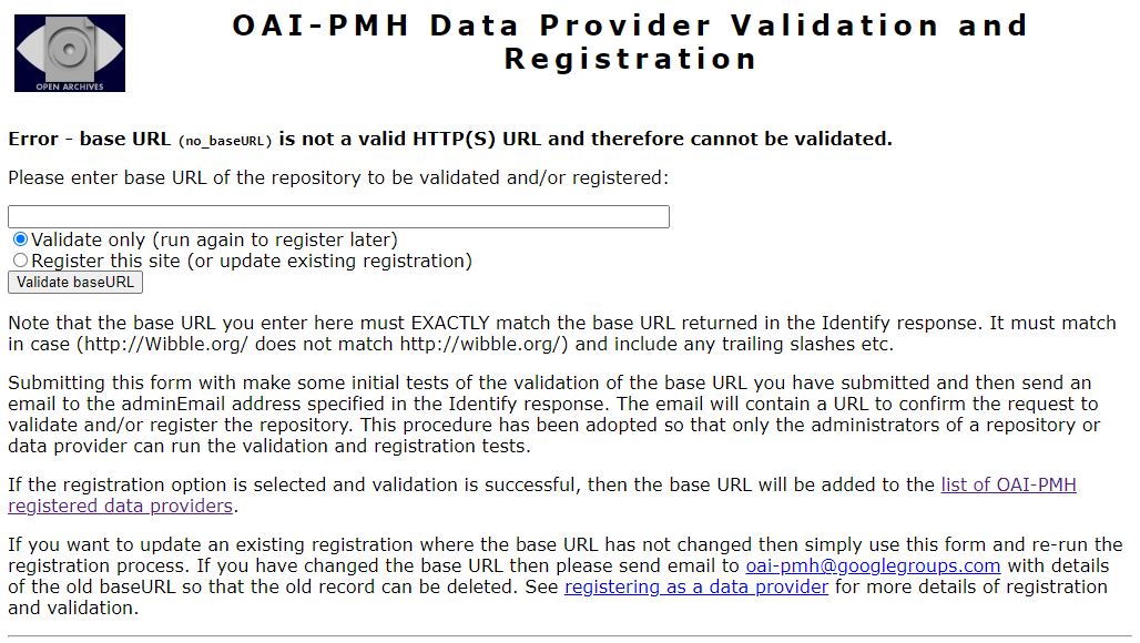 Validação e registro do provedor de dados OAI-PMH.