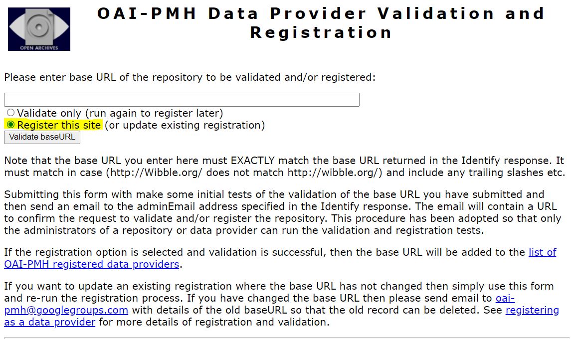Formulário para registro do periódico na base de Provedores de Dados Registrados OAI-PMH.