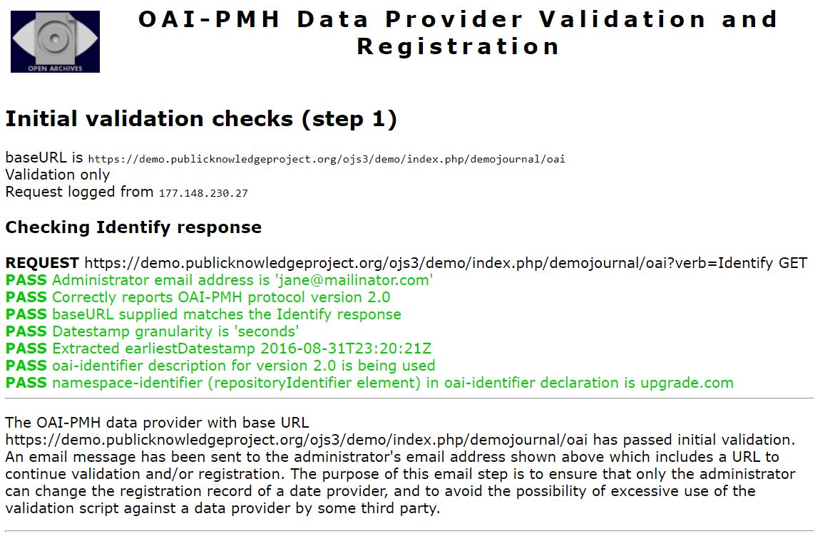 Tela de validação bem sucedida na ferramenta de validação e registro do provedor de dados OAI-PMH.