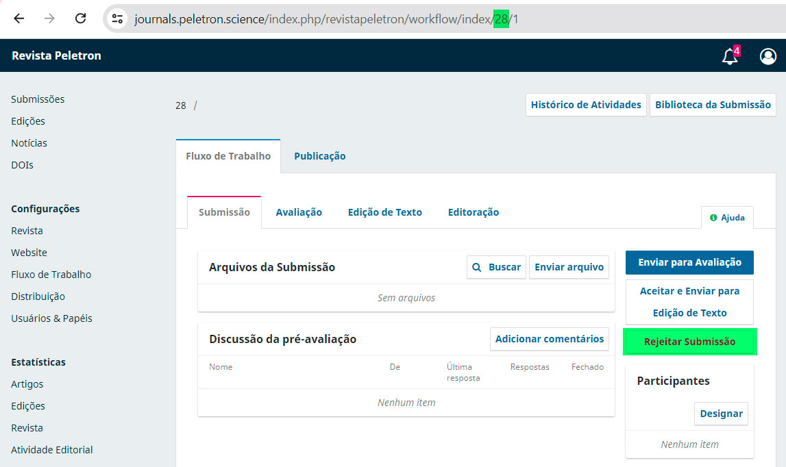 Figura 5. Visualização do Fluxo de Trabalho de uma submissão incompleta, alterando o ID na URL do artigo.