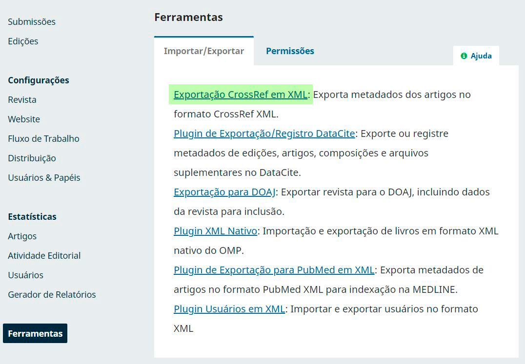 Figura 1. Menu lateral do OJS, com opções disponíveis a usuários "gerente" e indicação da ferramenta de exportação para Crossref à direita.