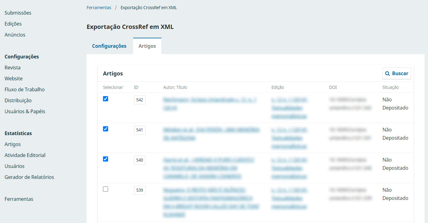 Figura 3. Exibição de lista de artigos para exportação.