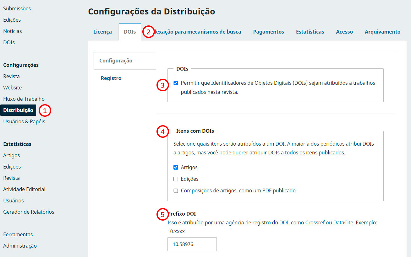 Figura 5a. Tela de configuração do DOI, no menu Distribuição.