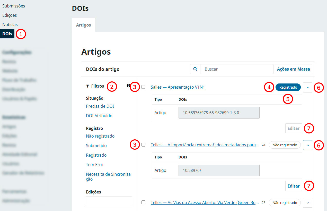 Figura 7. Tela de gerenciamento de DOIs.