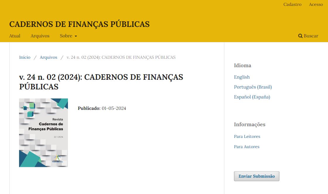 Página inicial do OJS da Revista Cadernos de Finanças Públicas.