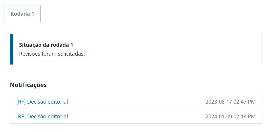 O quadro de Notificações será exibido abaixo do quadro de Situação após um parecer ser registrado no sistema pelo editor. Os usuários da submissão poderão consultar o(s) parecer(es) emitido(s) neste quadro.