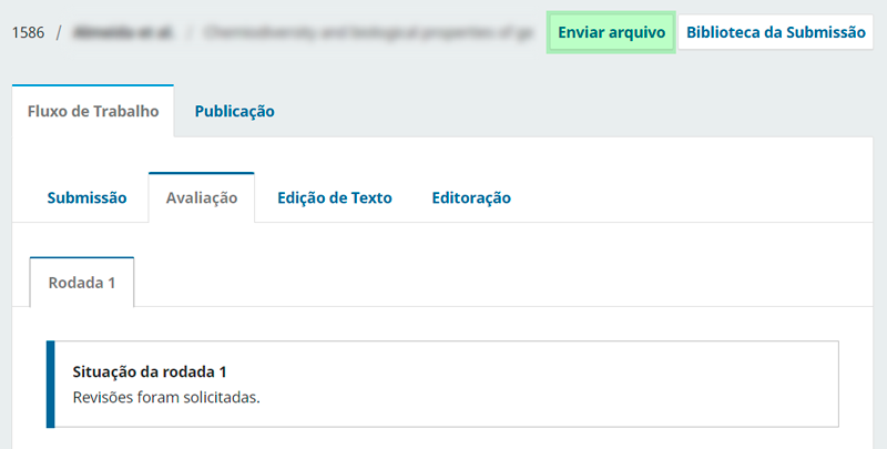 1. Botão ENVIAR ARQUIVO na parte superior da página, ao lado do título do artigo (destacado em verde).