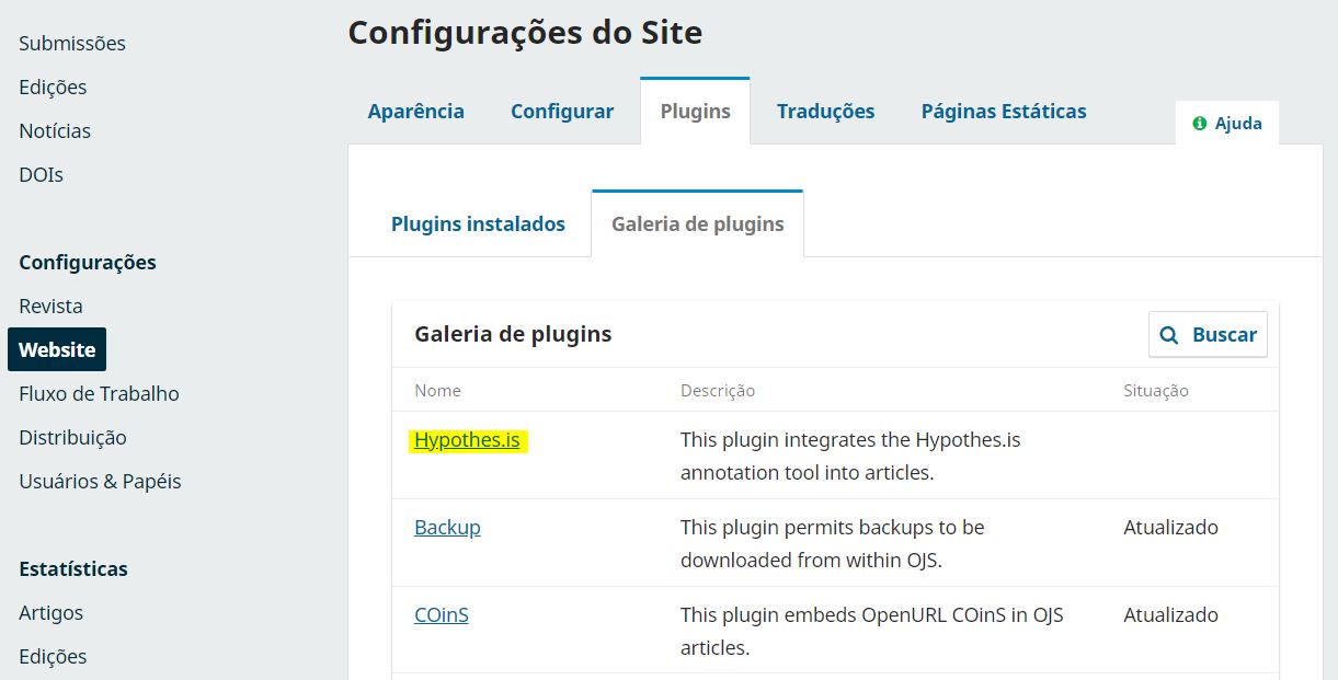 Visualização da Galeria de Plugins do OJS para instalação do Hypothesis.