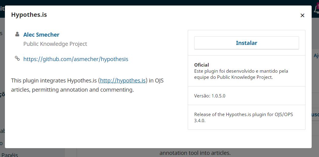 Depois de clicar sobre o nome do plugin, deve-se clicar no botão "Instalar" para realizar a instalação do plugin.