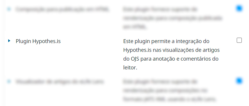 Clique no checkbox à direita para ativar/habilitar o plugin Hypothesis em sua instalação OJS.