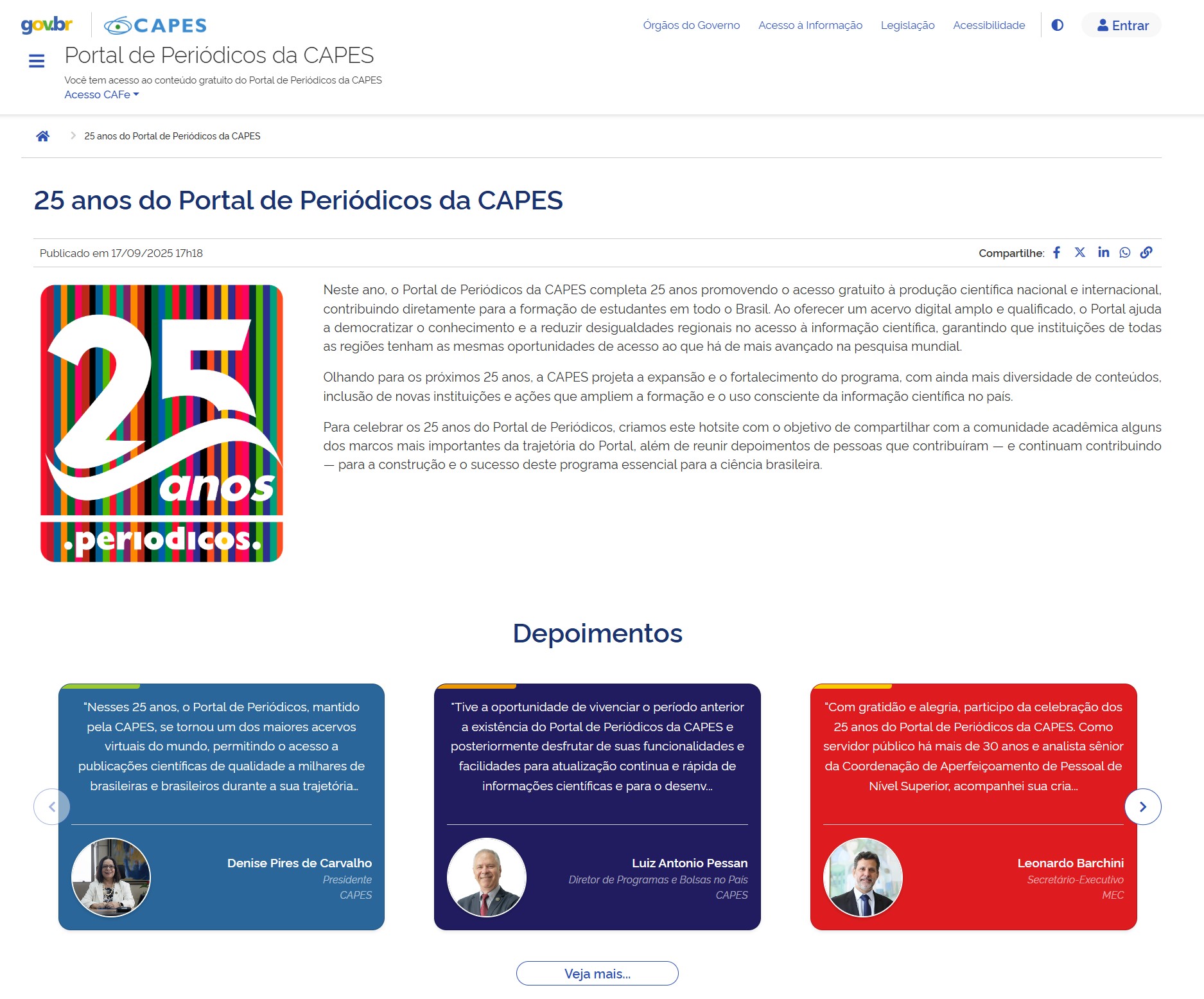 Hotsite dos 25 anos do Portal de Periódicos CAPES